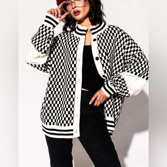Dressed in LALA Sweaters - Dressed in LALA Get What I Want Grandpa Cardigan in Checked Black White Size S